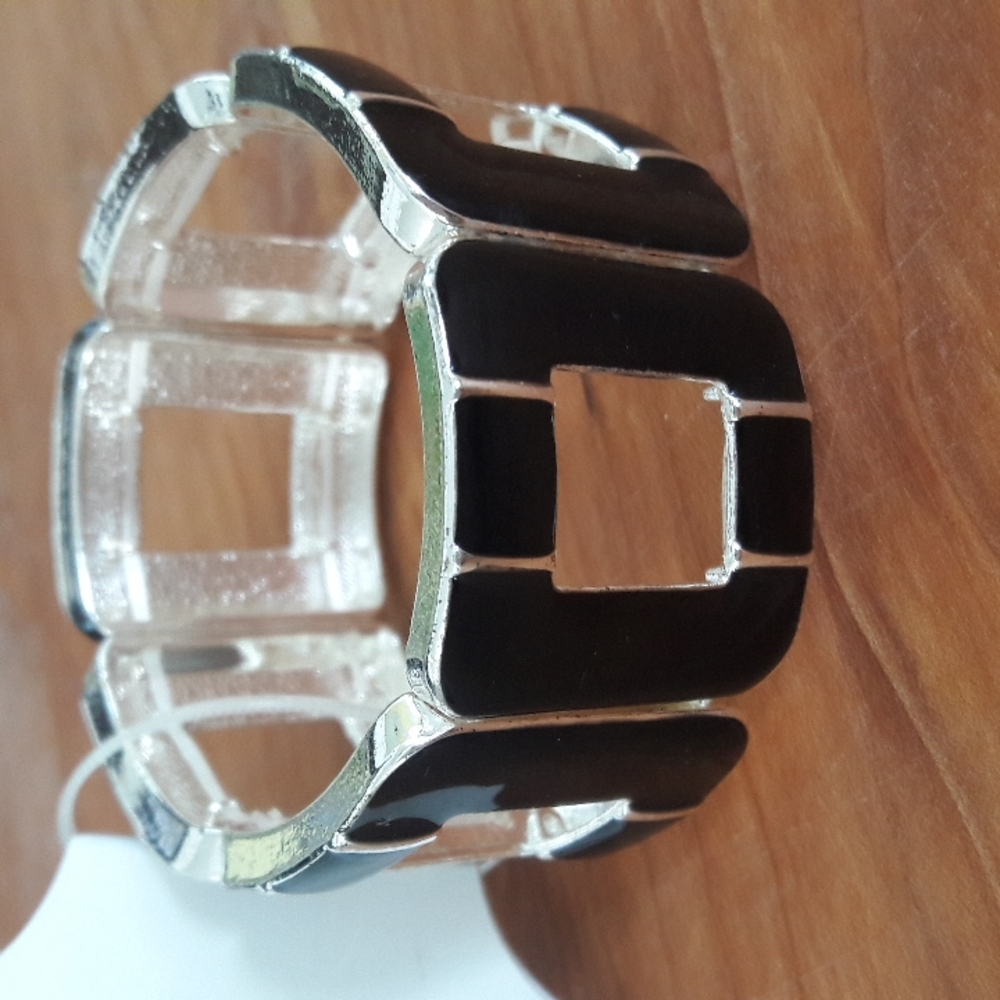 Enamel Bracelet Black SilverTone Stretch 8" NEW